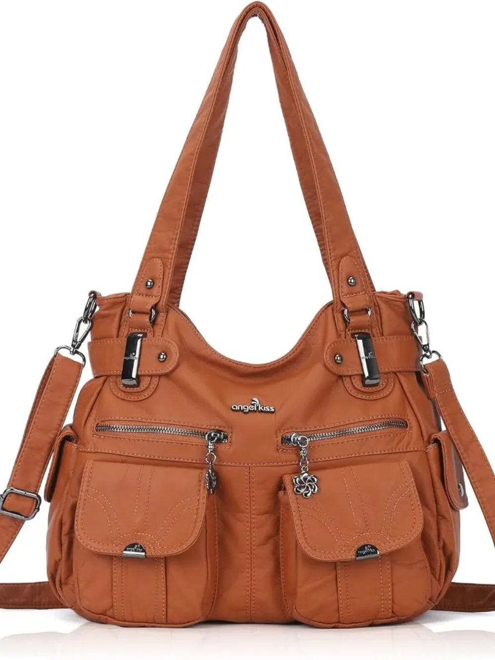 Women's Designer Handbag Large Double Zipper Multi Pocket Washed Leather Purse